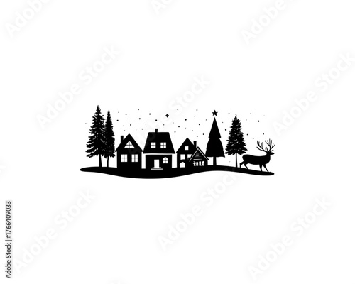 Holiday Village Silhouette with Trees and Reindeer