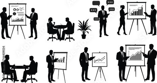 Business presentation silhouettes, office meeting scenes, data analysis, teamwork, corporate discussion, professional communication, chart review, strategy planning, workplace interaction