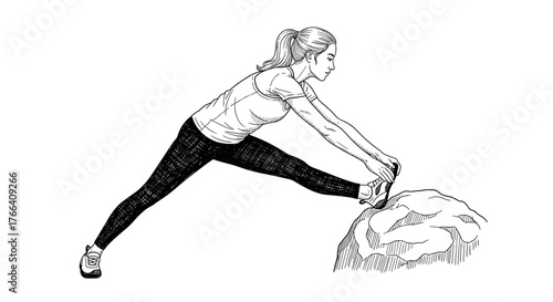 Woman stretching leg on rock in black and white sketch style