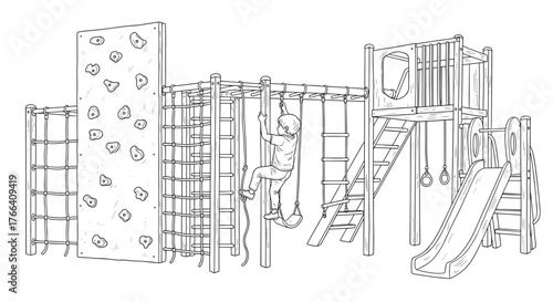 Child climbing playground structure in black and white sketch style