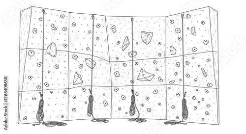 People climbing indoor rock wall in black and white sketch style