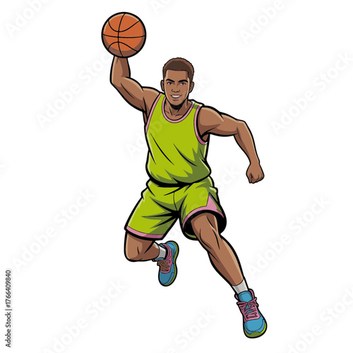 Comic-style cartoon basketball athlete in mid-action
