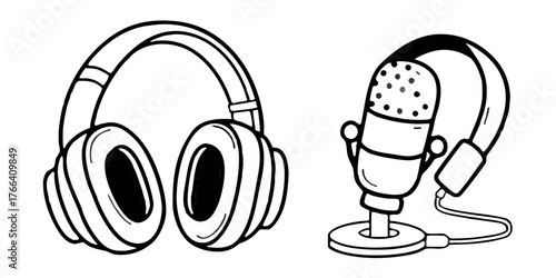 Illustration of headphones and microphone for podcasting audio recording studio equipment and broadcasting setup