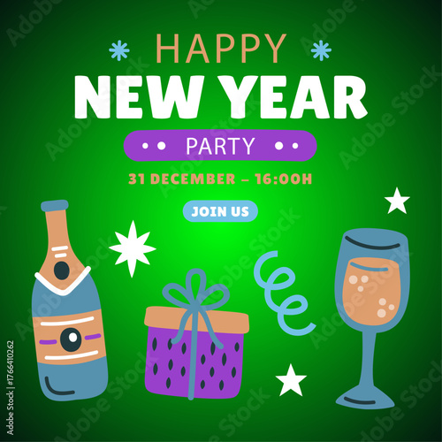 Happy New Year Party Celebration Invitation with Champagne and Gift Box Graphic