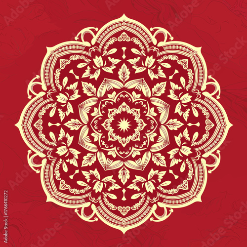 Golden mandala floral pattern on red background, ornate symmetrical design