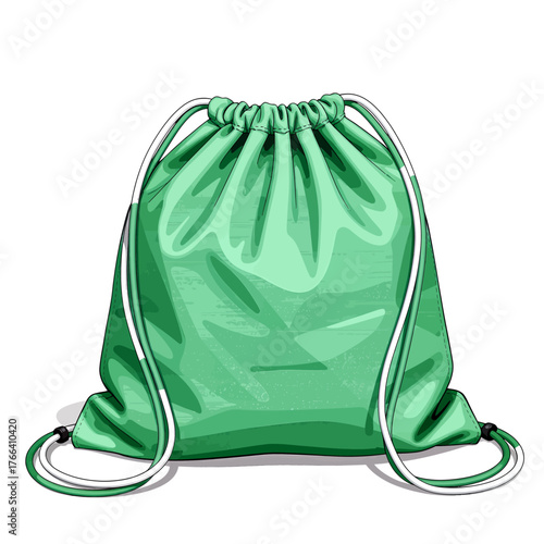 Green drawstring backpack with white cords, colorful vector illustration isolated
