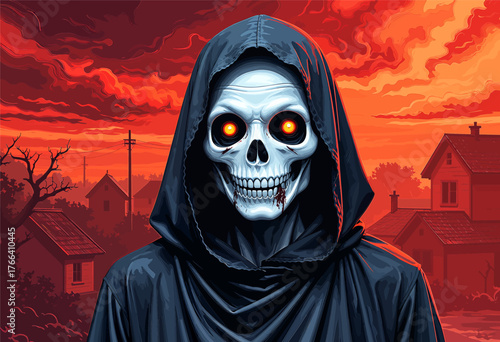 Grim reaper with glowing eyes in dark hood, fiery sky over eerie town