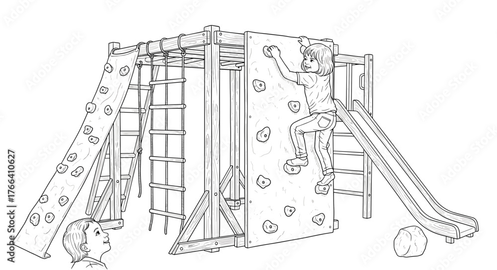 Fototapeta premium Children playing on playground climbing wall in line art style