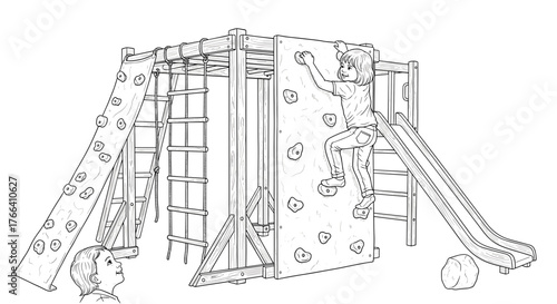 Children playing on playground climbing wall in line art style