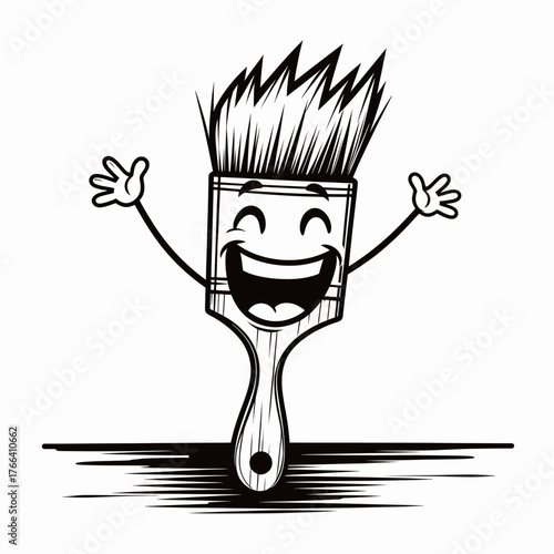 Happy cartoon paintbrush character with spiky bristles and raised arms, isolated