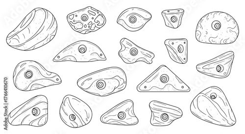 Climbing holds in hand-drawn line art style on white background