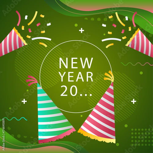 Lively New Year Celebration Design Featuring Festive Party Hats and Sparkling Confetti on a Modern Green Backdrop