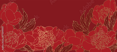 Luxury oriental flower red background vector. Elegant peony flowers and leaves golden line art on red background.