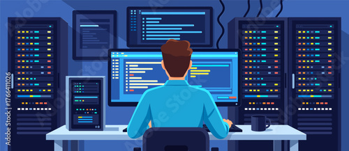 Man working at computer in server room, flat colorful tech scene with monitors