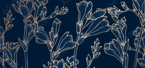 Freesia flowers luxury gold background for wallpapers, covers, wall decorations. Vector floral design in oriental style