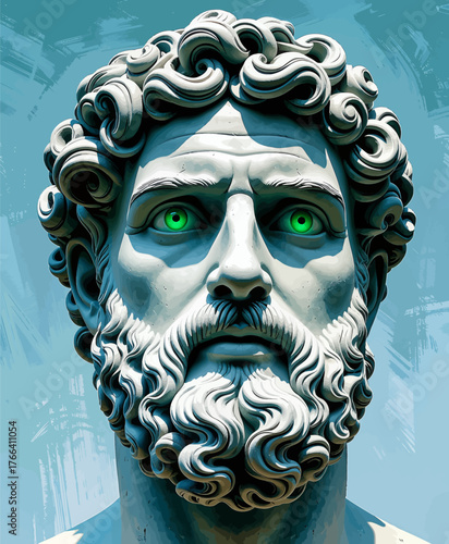 Marble statue of bearded man with glowing green eyes, stylized curls, isolated