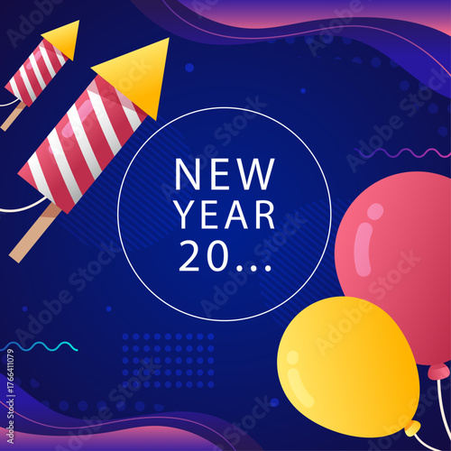 Festive vector illustration for a New Year party with fireworks and colorful balloons on a dark background