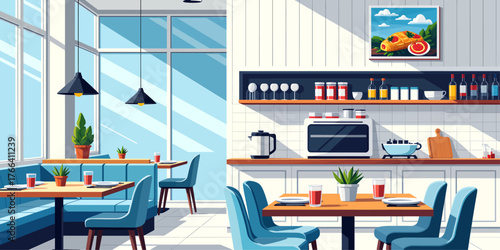 Modern cafe interior with blue seating and kitchen counter, flat colorful style