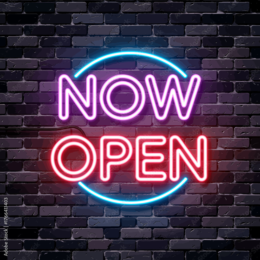Obraz premium Neon now open sign glowing in pink and blue on dark brick wall