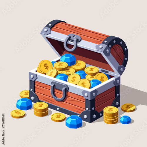 Open treasure chest filled with gold coins and blue gems, colorful isometric style
