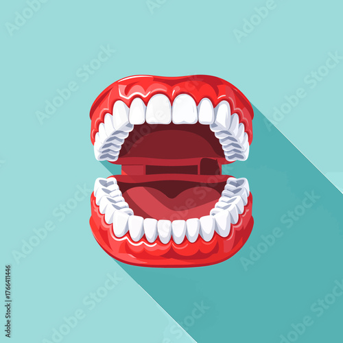 Open mouth with white teeth and red gums in flat colorful style isolated