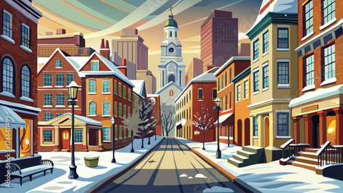 Vector of snowy Boston streets with old buildings and cloudy sky, no sunlight, calm cold winter day, realistic details, historical architecture, peaceful urban atmosphere