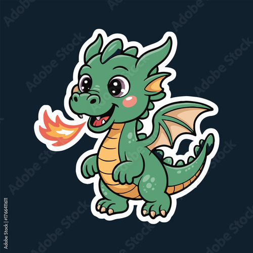 A cartoon green dragon sticker with large eyes and fire coming from its mouth on a dark background