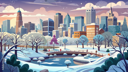 Realistic vector of snowy New York City skyline with Central Park covered in snow, cloudy winter sky, no sunlight, calm cold day, detailed urban landscape illustration