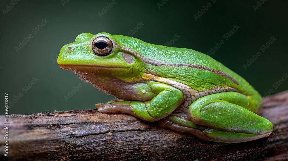 Naklejka premium Vibrant green tree frog with striking eyes rests on textured bark, showcasing nature's intricate beauty up close.