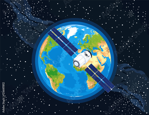 Satellite orbiting earth in space, colorful flat style illustration, isolated