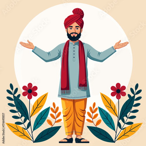 Smiling man in traditional attire with turban and scarf, colorful flat style illustration
