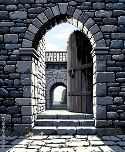 Stone archway with wooden door open to courtyard, cartoon style illustration