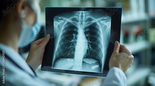 Lung Cancer Awareness Month. doctor examining chest X-ray showing lung cancer nodules on lightbox in modern hospital, professional healthcare setting