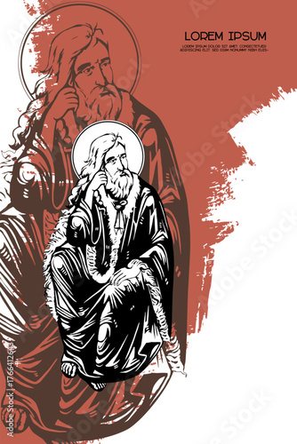 Religious vintage poster template with Prophet Elijah. Christian illustration in Byzantine style