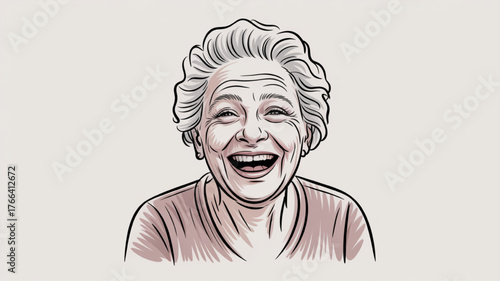 Line art illustration of a laughing senior woman expressive and joyful isolated on white background