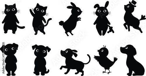 Cartoon animal silhouettes, cats, dogs, rabbit, deer, bird, playful characters, cute pets, black and white design, children’s illustration, creative artwork