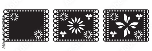 Mexican papel Picado collection with floral template . Design for cinco de mayo event. Cultural Celebrations. Vector illustration. EPS 10