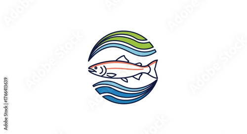 Fish swimming in a circular river or lake with green and blue waves.