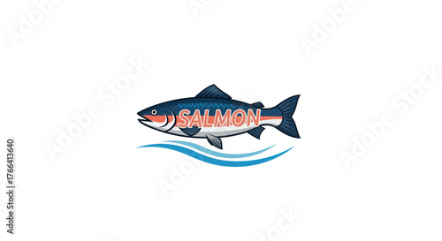 Salmon fish illustration with the word salmon inside the body and water waves.