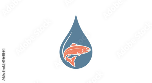 Fish in Water Drop - Clean Water Symbol with Aquatic Life.