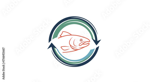 Circular icon with a stylized fish and arrows representing sustainability.