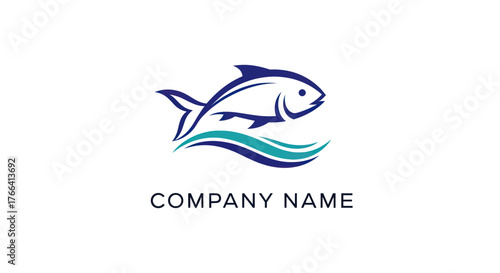 Stylized blue fish logo jumping over a dynamic water wave.