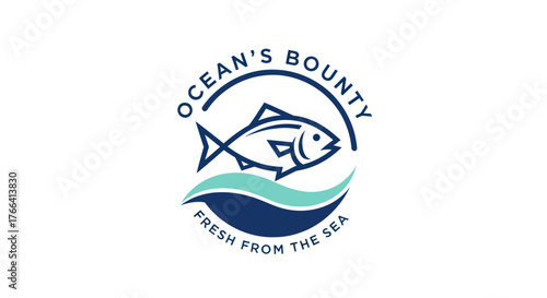 Oceans Bounty Logo Featuring Fish and Waves with Fresh From The Sea Text.