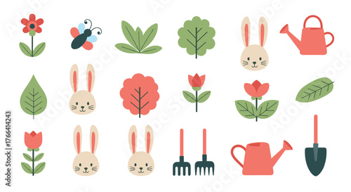 Whimsical garden illustration featuring cute bunny heads, colorful flowers, trees, watering cans, rakes, and a shovel on a white background.