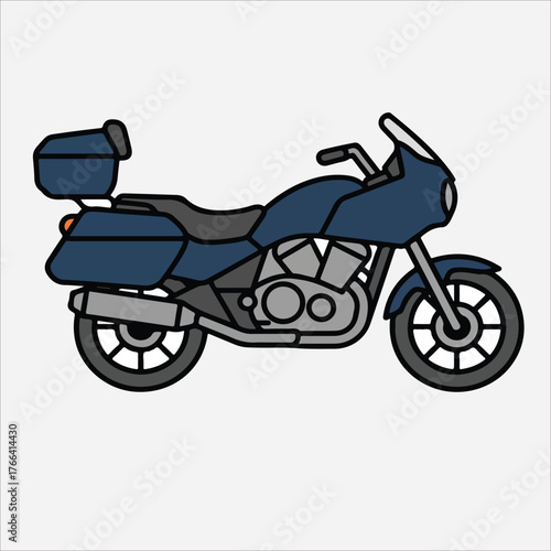 Illustration of a blue motorcycle with side and top storage compartments on a white background.