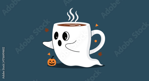 A charming cartoon-style image features a ghost-shaped coffee mug with a smiling face, steam rising from the coffee, and a small pumpkin for Halloween.