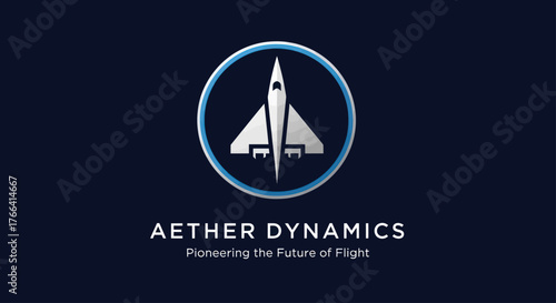 Aether Dynamics aerospace logo with a futuristic jet aircraft.