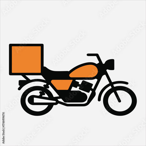 Simple illustration of a delivery motorcycle with a large box on the back in orange and black against a white background.