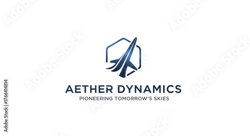 Aether Dynamics aerospace logo with a stylized aircraft taking off inside a hexagon.