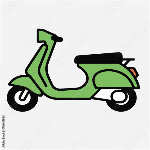 A green scooter with black seat and wheels isolated on a white background in a simple illustration style.